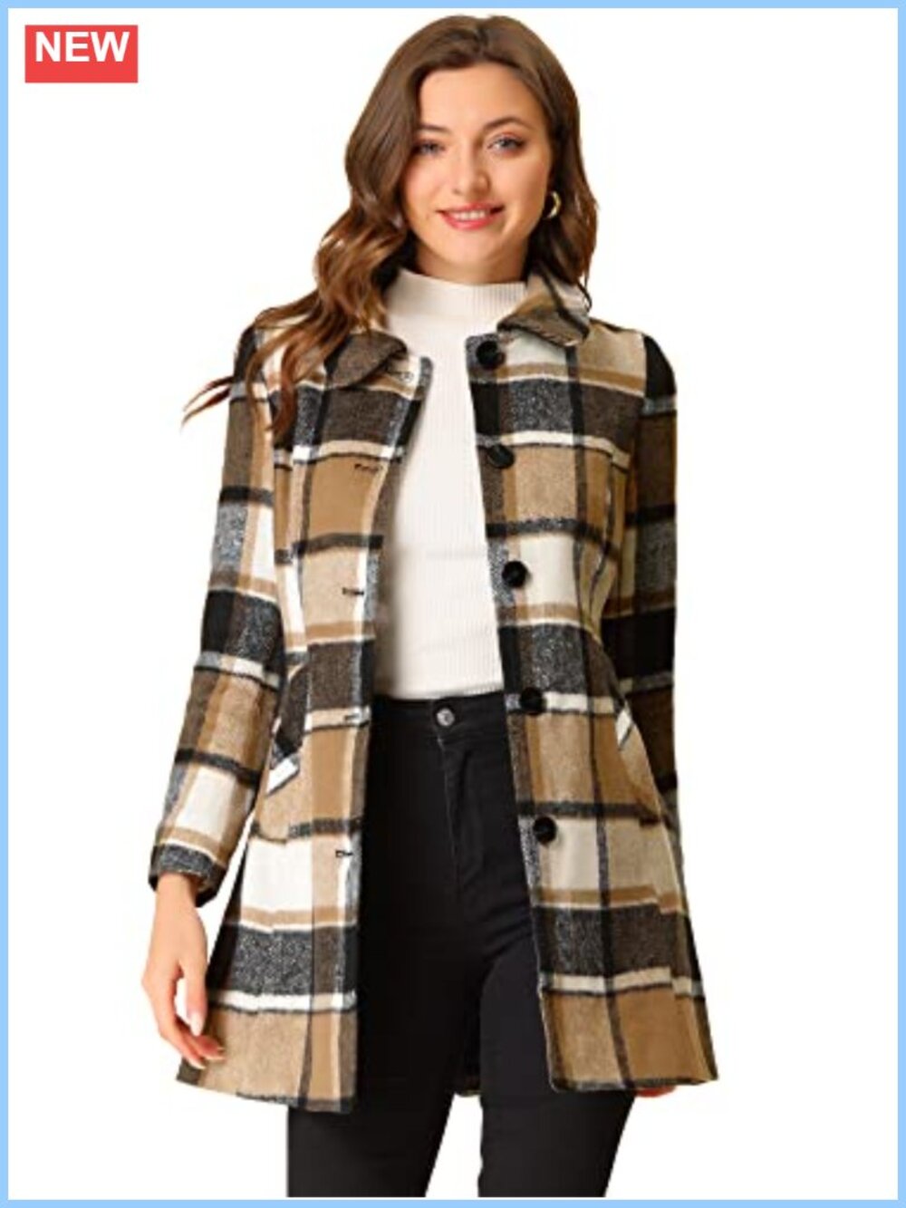 Wool & Pea Coat, Plaid Checkered Winter Coat, Faux Fur Collar, Swing Coat